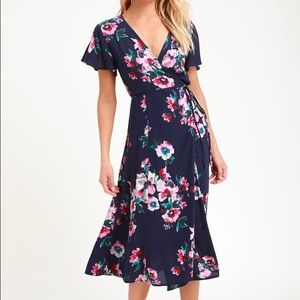 Lulu's • Krizta Navy Blue Floral Midi Wrap Dress